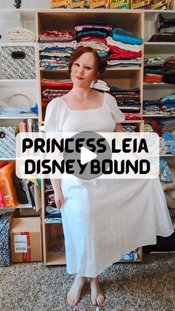 a woman standing in front of a bookcase with the words princess leia disney bound on it