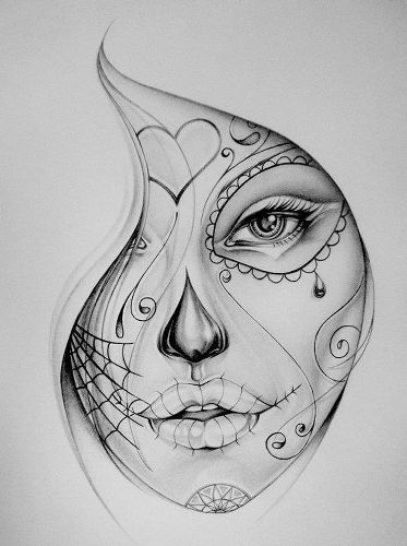 a drawing of a woman's face with an abstract design on the upper half of her face