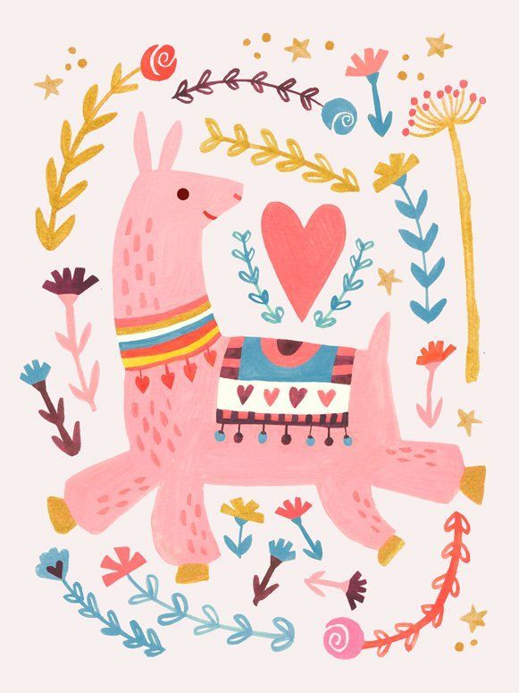 a drawing of a pink llama holding a heart