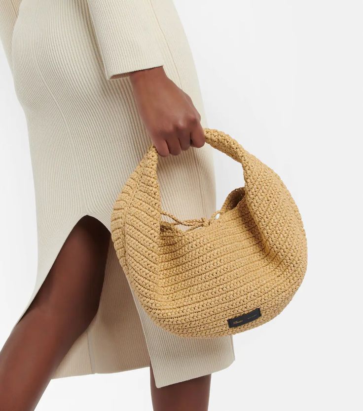 Olivia Medium Raffia Shoulder Bag in Beige - Khaite | Mytheresa Crochet Boho Bag, High Heel Rain Boots, Crochet Bags Purses, Raffia Bag, Woven Raffia, Shoe Boot Sandals, Backpack Tote Bag, Designer Shoulder Bags, Boho Bag