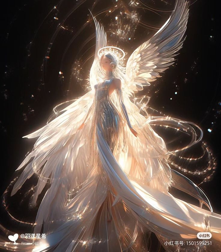 a white angel standing in front of a black background