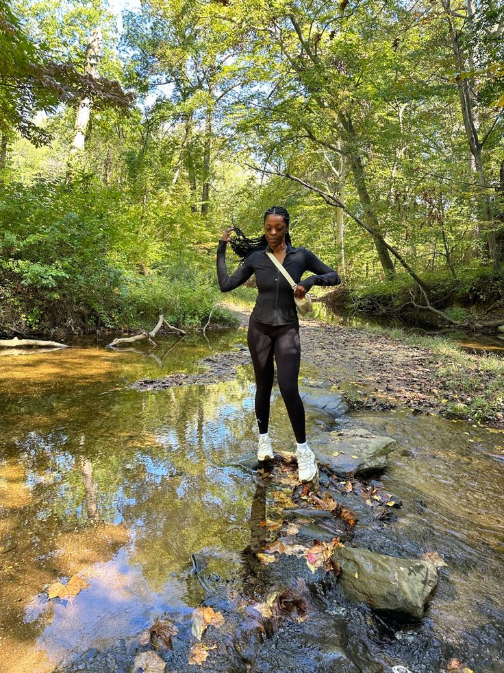 Hike, Hiking outfit, Tall women activewear style, Black girl adventures, outdoor OOTD, black girl protective hairstyle Girl Hiking Outfit, Girls Hiking Outfit, Hiking Ootd, Patapsco Valley State Park, Activewear Style, Tall Girl Problems, Big And Tall Style, Tall Girl Fashion, Protective Hairstyle