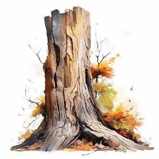 a watercolor painting of a tree stump