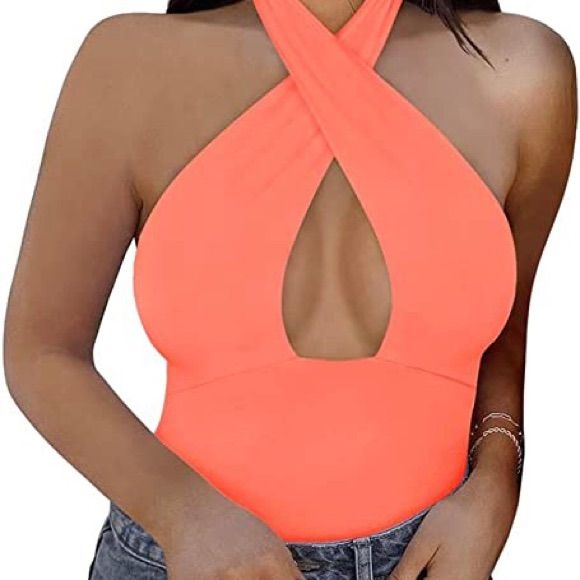 Brand New Item, Looks Very Sexy Front Criss Cross, Breathable And Super Stretchy. Size L Color: Neon Pink 75% Nylon, 25% Spandex Summer V-neck Bodysuit For Club, Summer Club Halter Neck Bodysuit, Summer Club Bodysuit With Halter Neck, Summer Halter Neck Bodysuit For Club, Beach Tops With Crisscross Straps And Backless Design, Fitted Bodysuit With Crisscross Straps For Beach, Stretch Crisscross Swimwear For Spring, Spring Crisscross Stretch Swimwear, Backless Beach Tops With Crisscross Straps