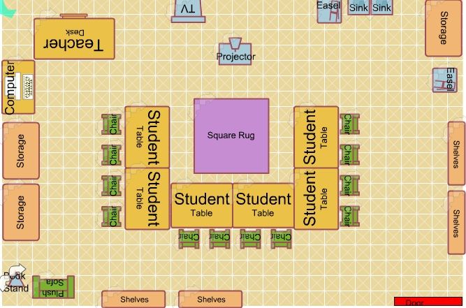 a floor plan for a student's classroom with tables, chairs and desks