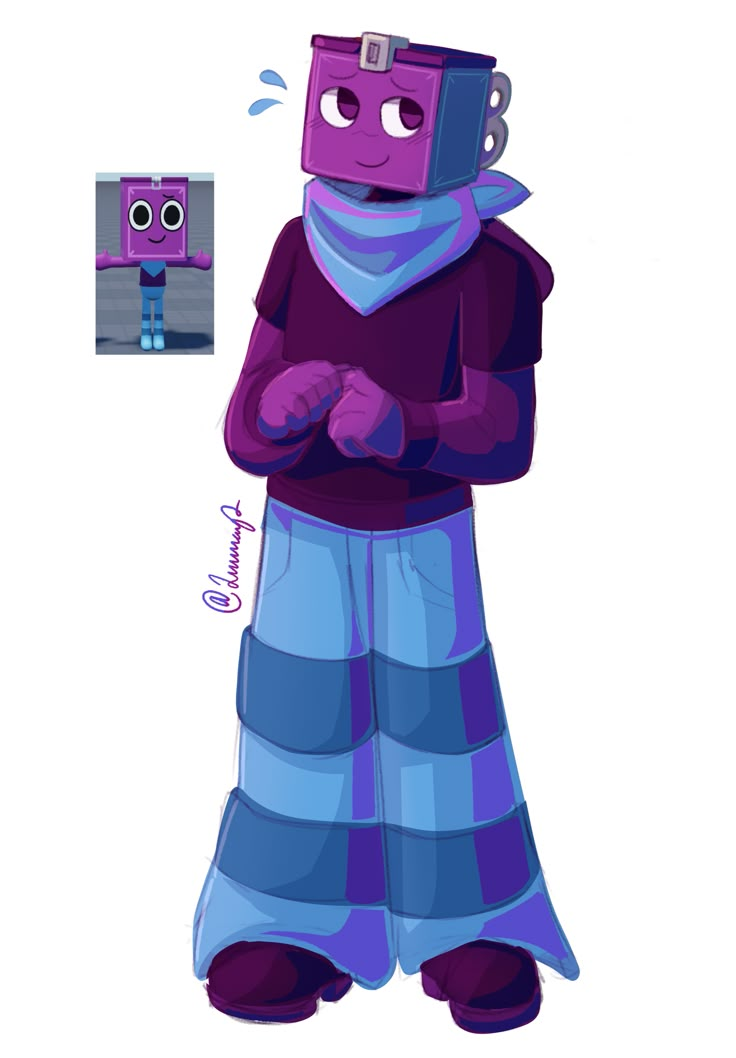 an image of a cartoon character in blue and purple clothing with a camera attached to his head