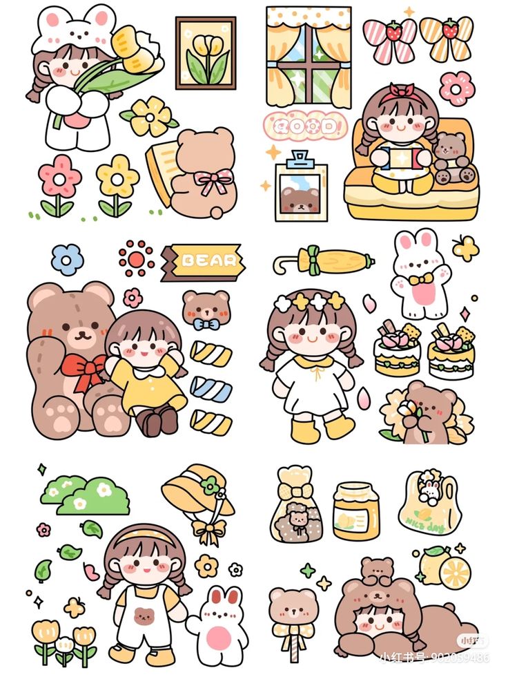 an assortment of stickers that include teddy bears, flowers and other things in the background