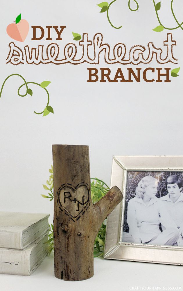 a branch with a heart carved into it next to a photo frame and an apple