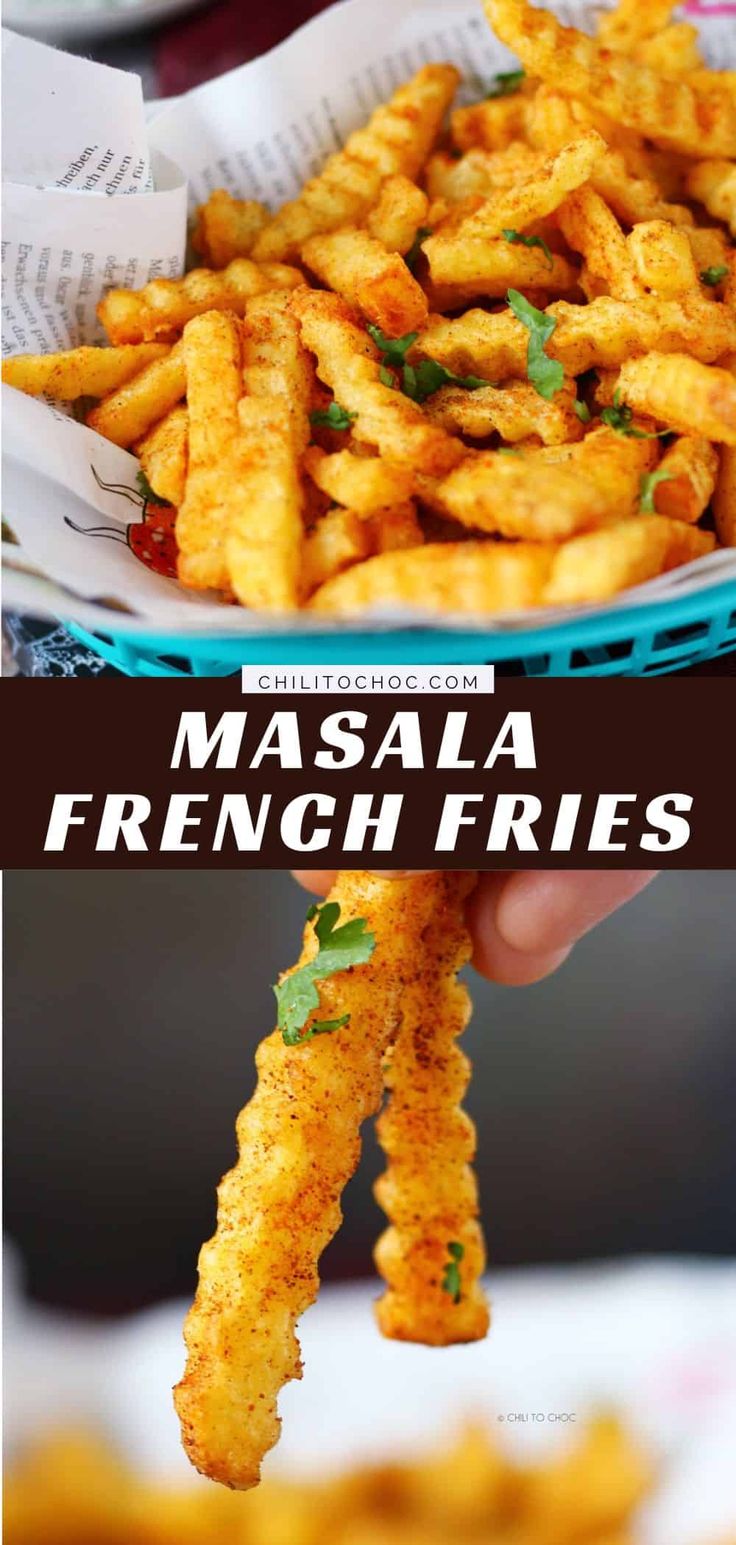 masala french fries with parsley on top and the words masala french fries above it