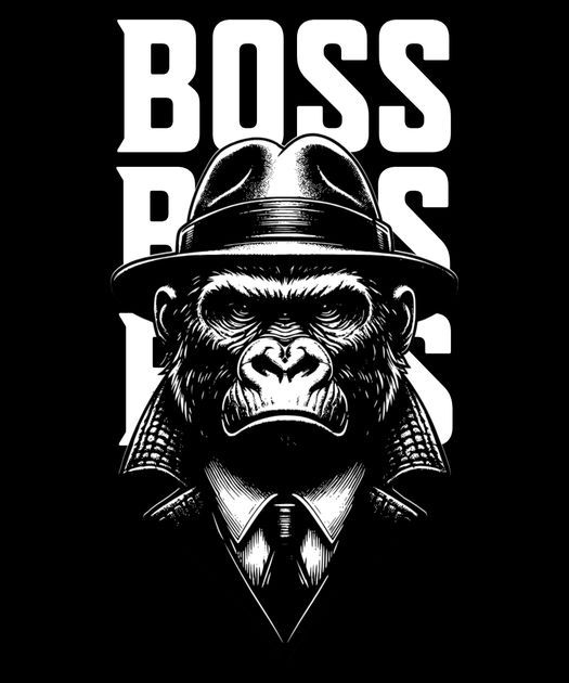 a gorilla wearing a hat and tie with the words boss on it