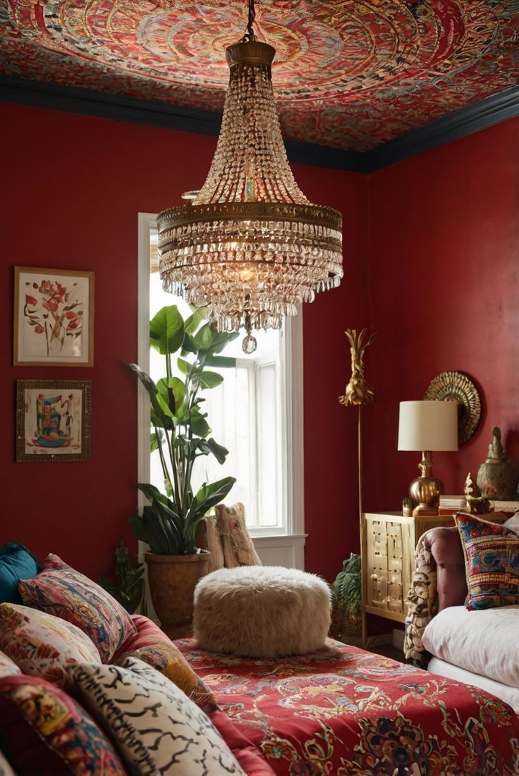 a bedroom with red walls and a chandelier hanging from the ceiling