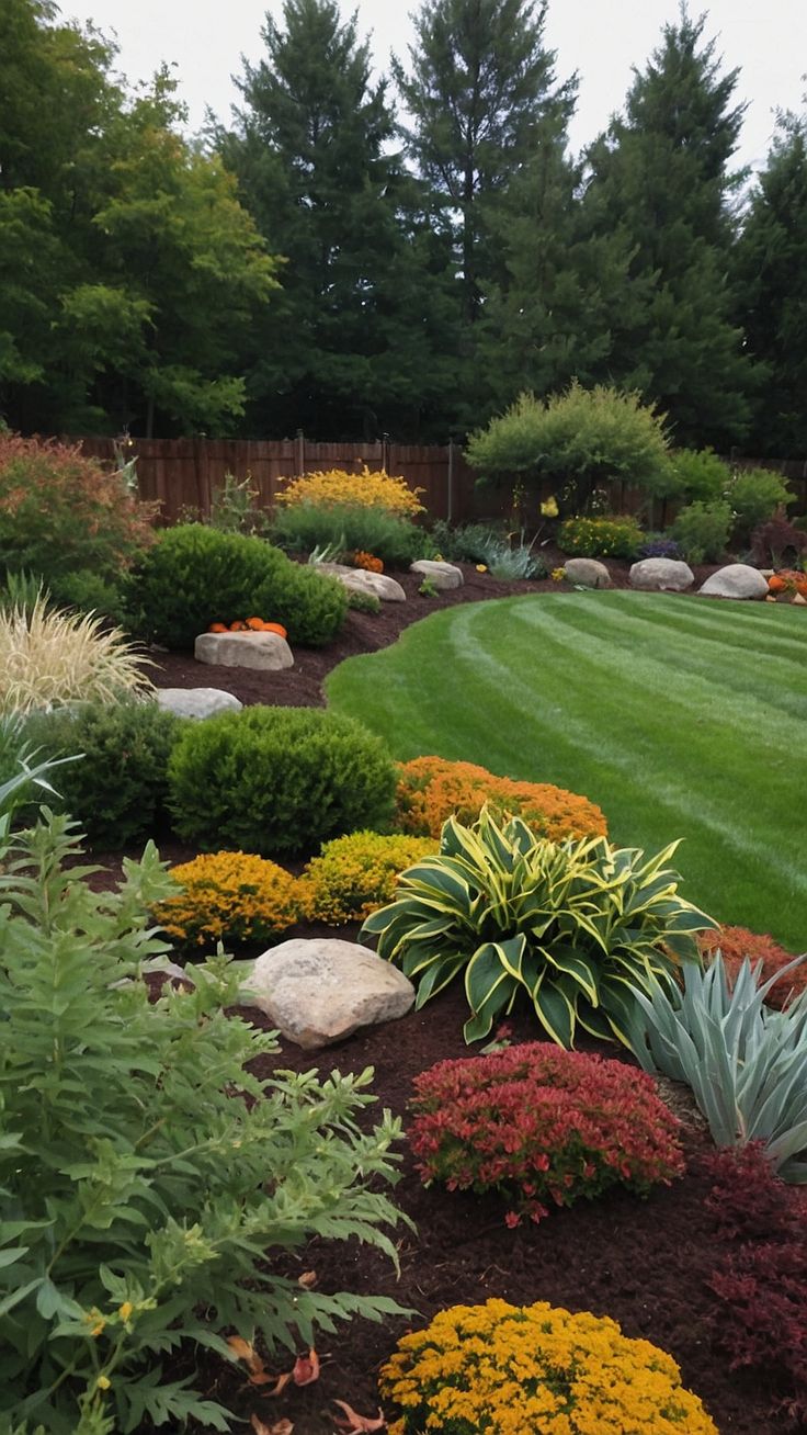 a lush green lawn surrounded by colorful flowers and plants with rocks in the middle on either side