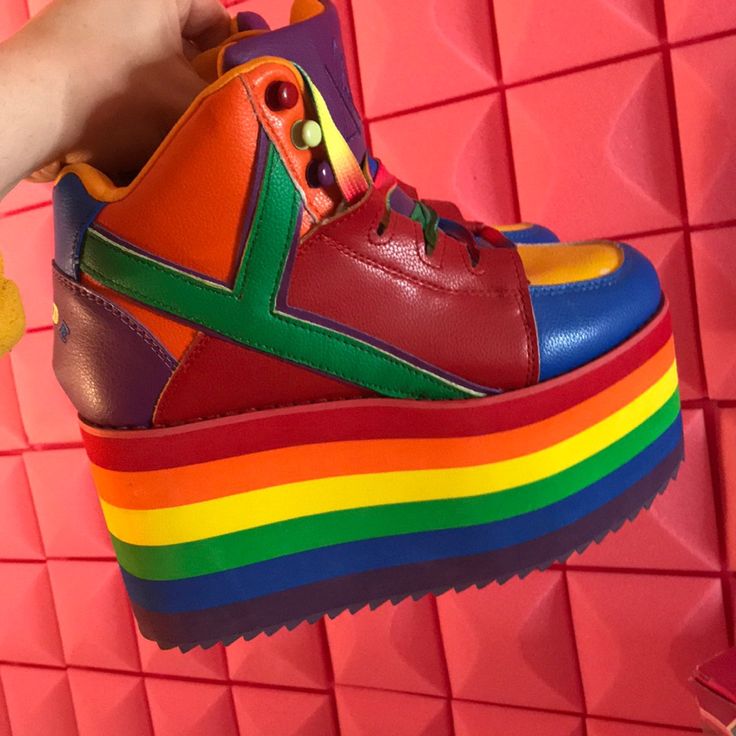 Yru Pride Collection Rainbow Platform Sneakers. Really Wanted A Pair Of These And They Were Sold Out In 7’s So I Bought A 6 And They’re Just Too Tight At The End Of The Day. I Did Squeeze In For A Couple Uses And They Have Some Stains That Can Be Seen In The Photos But They’re In Overall Condition. Sold Out And No Longer Made Multicolor High-top Platform Sneakers For Streetwear, High-top Multicolor Platform Sneakers For Streetwear, Multicolor Platform Sneakers For Spring Streetwear, Spring Multicolor Platform Sneakers For Streetwear, Multicolor Platform Sneakers For Streetwear, Multicolor Synthetic High-top Sneakers, Trendy Rainbow Synthetic Sneakers, Trendy Multicolor High-top Platform Sneakers, Multicolor Spring Platform Sneakers