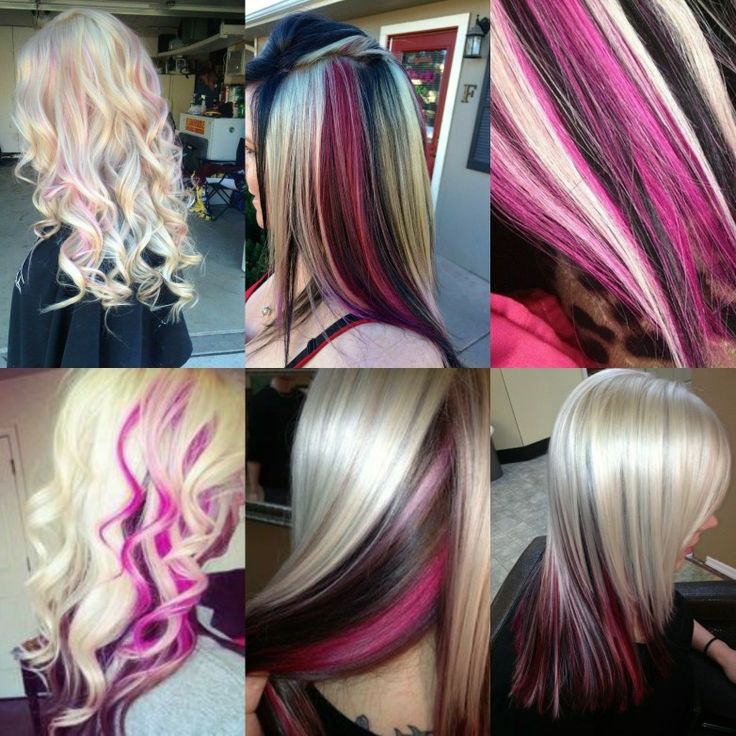 Blonde Hair Pink And Black Highlights, Blonde With Black And Pink Highlights, Pink And Blonde Hair Skunk Stripe, Black Pink And Blonde Hair, Pink Black Blonde Hair, Blonde Hair With Color Peekaboos Pink, Blonde Pink And Black Hair, Blonde Hair With Black Streaks Y2k, Pink And Blonde Raccoon Tail Hair