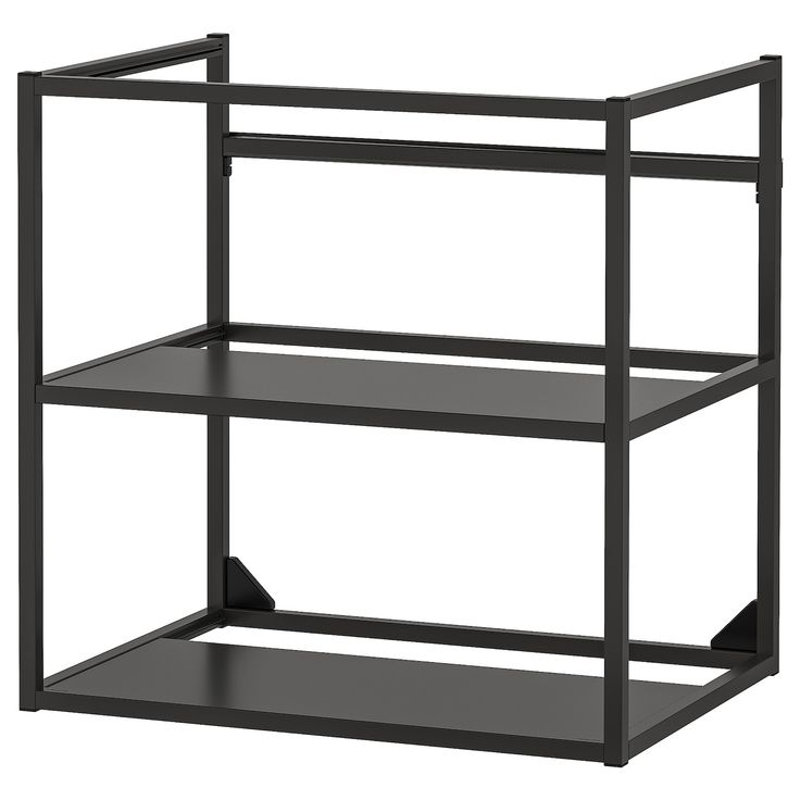 the shelf is black and has three shelves on each side, with one section open