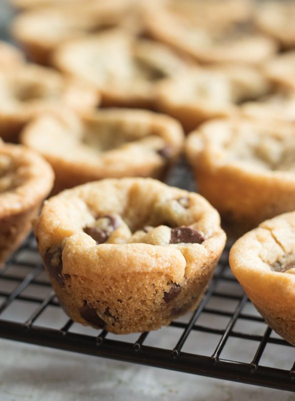 chocolate chip cookie bites on a cooling rack with text overlay that reads, chocolate chip cookie bites