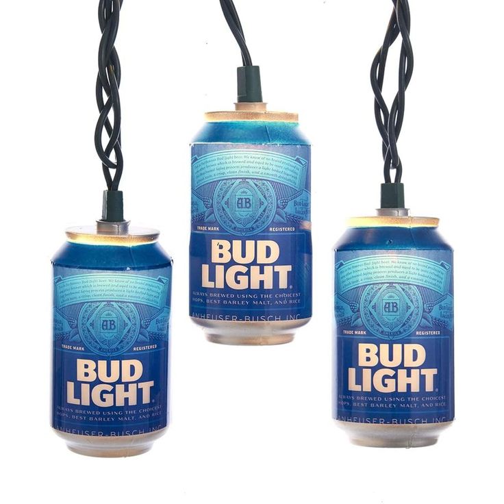 three beer can lights hanging from black cord with bud light logo on top and bottom