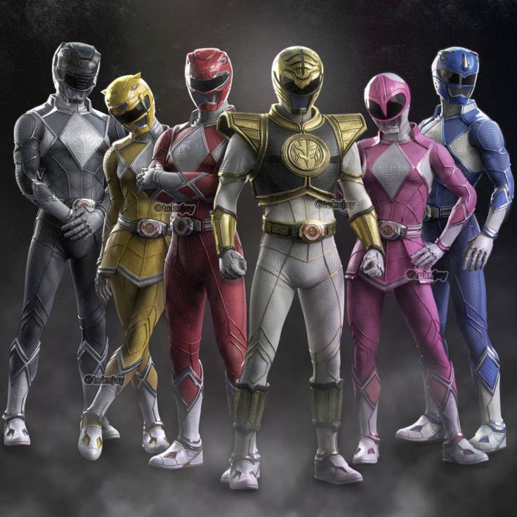 five different colored power rangers standing next to each other