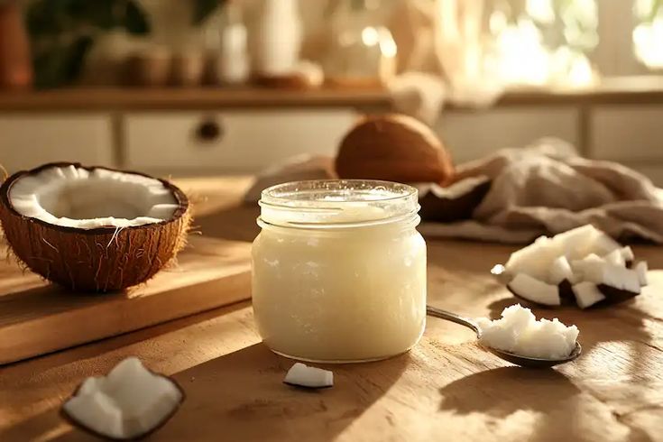 a jar of coconut oil sitting on top of a wooden table next to cut up coconuts