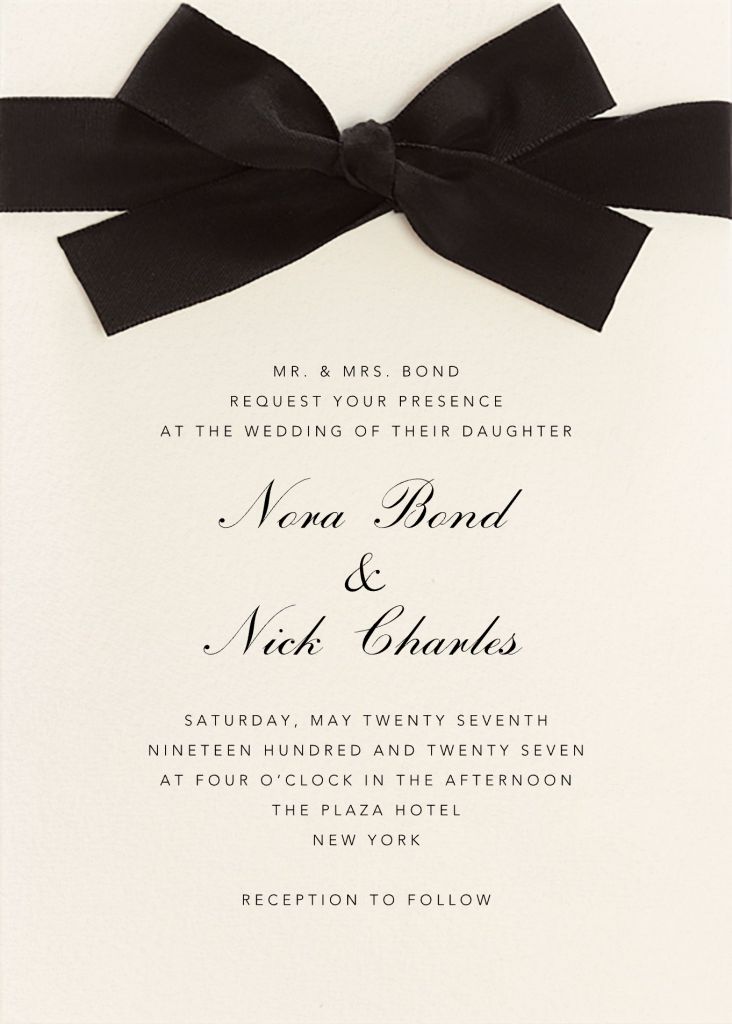 a wedding card with a black bow on it