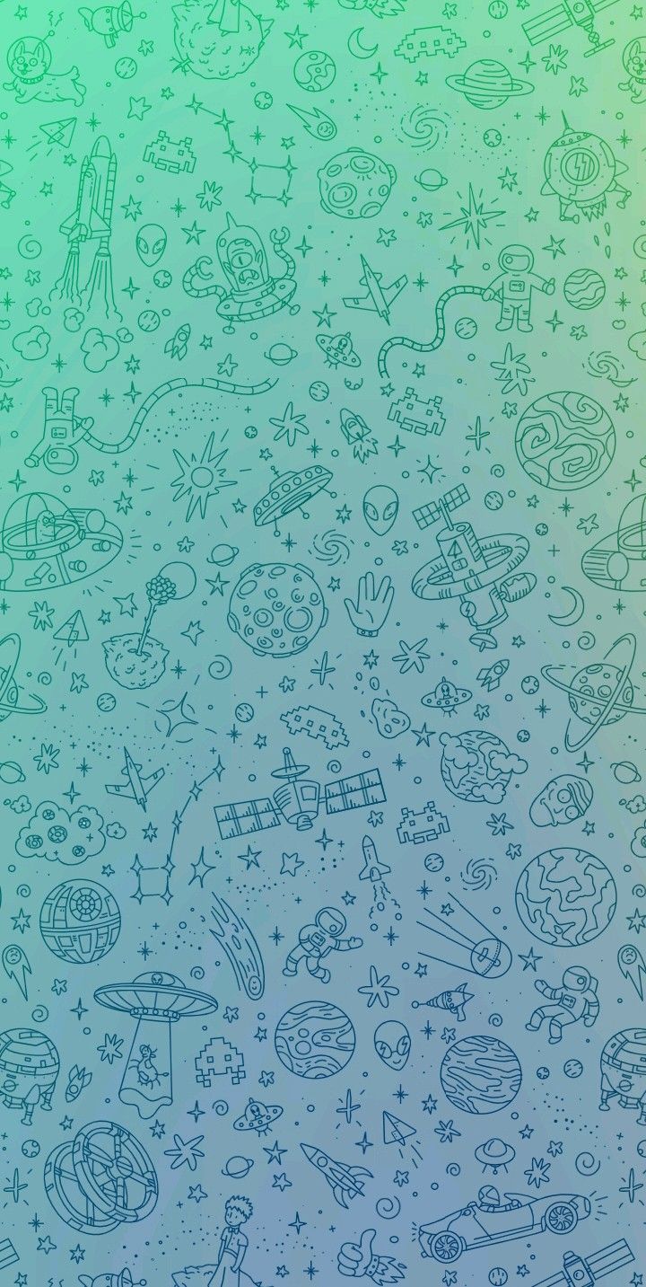 an abstract background with many doodles and stars in blue, green, and yellow