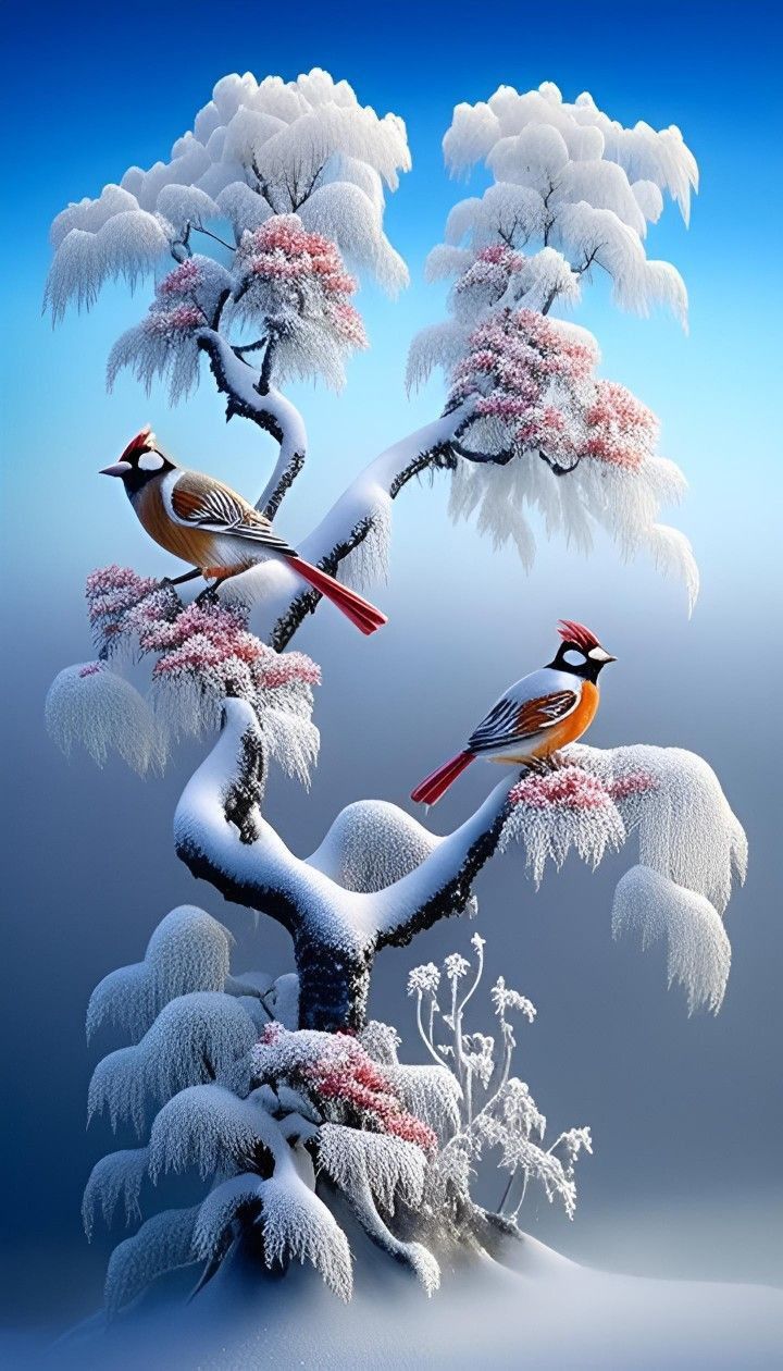 two birds sitting on top of a tree covered in snow