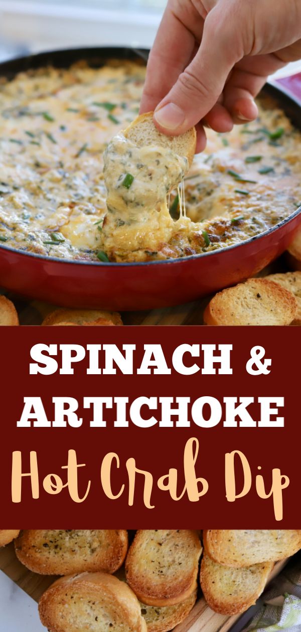 spinach and artichoke hot crab dip in a red bowl with crackers