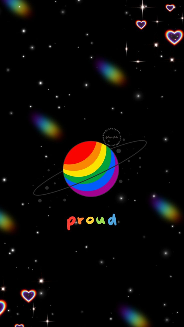 an image of a rainbow ball with the word proud on it in front of stars