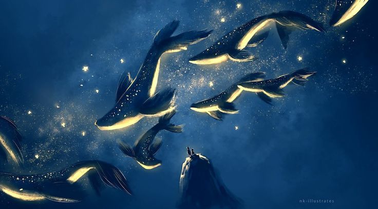 some birds flying in the sky at night