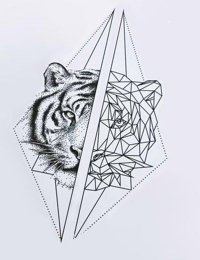 a drawing of a tiger and a diamond on a white paper with black lines in the background