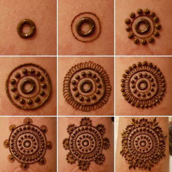 different pictures of hendi designs on someone's arm, including circles and dots