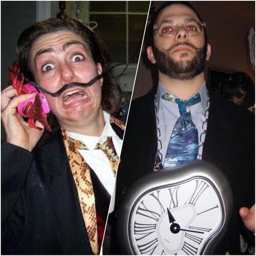 two men with fake mustaches on their faces and one holding a clock in his hand