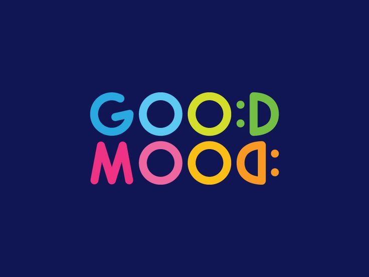 the words good mood are painted in bright colors on a dark blue background, and there is