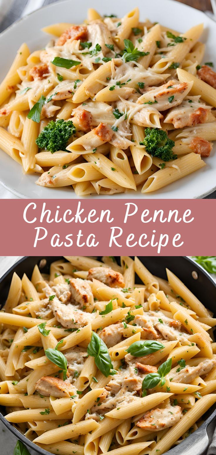 chicken penne pasta in a skillet with parsley on top, and another side dish