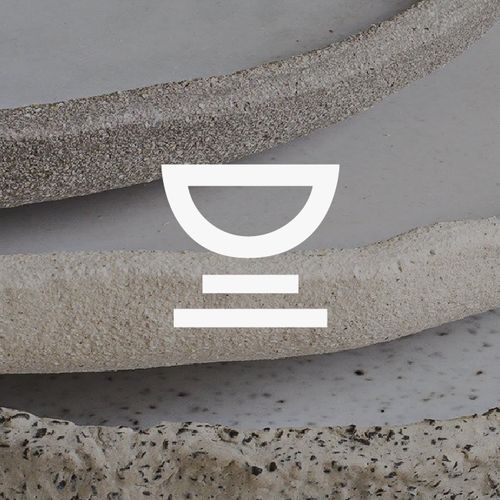 the logo for an art gallery is shown above some concrete slabs and cement planters