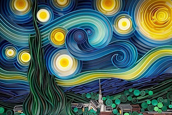 a painting of a night sky with stars and swirls in the clouds over a town