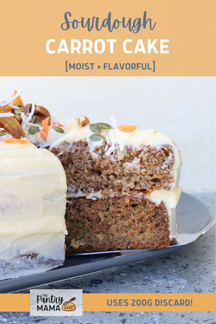 a close up of a slice of carrot cake on a plate with the words, sourdough carrot cake most and flavorful