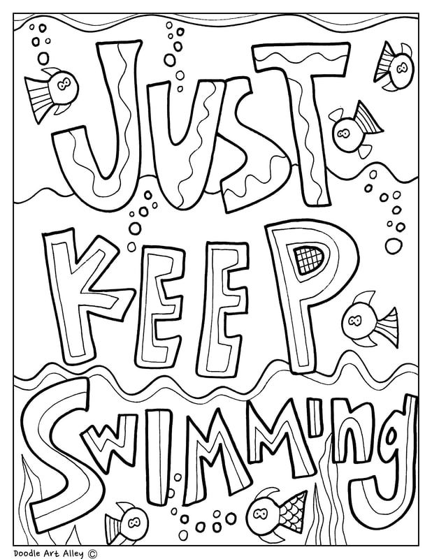 the words just keep swimming are outlined in black and white, with an underwater theme