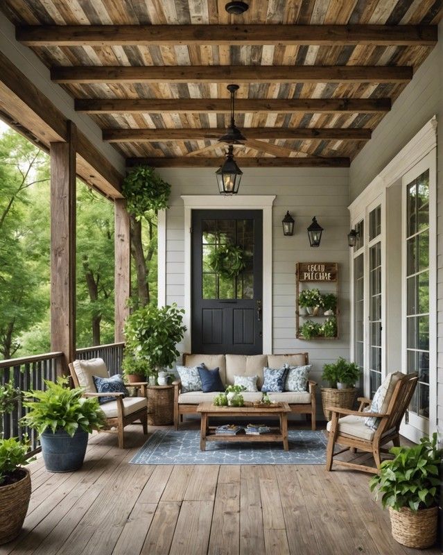 an outdoor porch with wooden furniture and potted plants