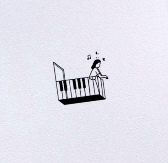 a drawing of a person sitting on top of a piano keyboard with music notes coming out of it