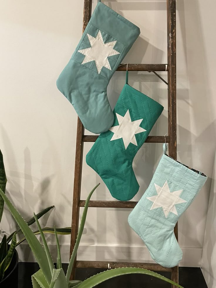 two christmas stockings hanging on a ladder next to a potted plant and houseplant