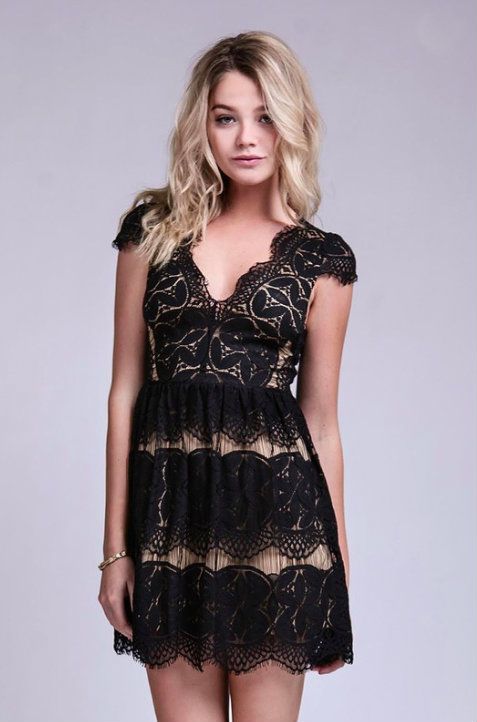 lace dress V-neck Lace Dress With Lace Trim For Night Out, Black Lace Dress With Lace Closure For Night Out, Black V-neck Lace Dress With Scalloped Lace, Black V-neck Scalloped Lace Dress, Black Lace Dress With Lace Closure For Summer, Black Lace Dress With Lace Closure, Short Sleeve Lace Top Dress For Party, Short Sleeve Lace Top Party Dress, Short Sleeve Lace Dress For Party