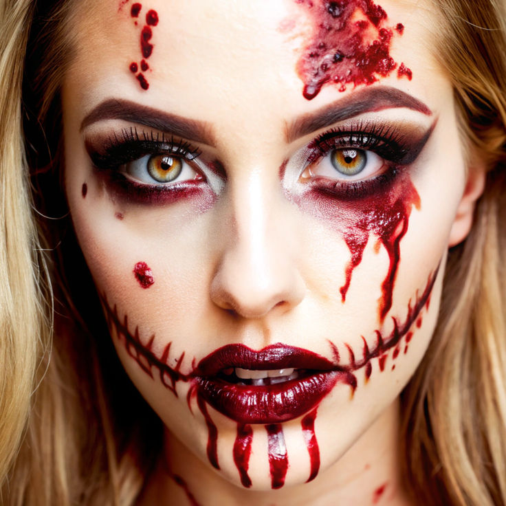 Scary Face Paint Ideas, Dead Face Makeup, Cracked Face Makeup, Blood Face Paint, Gory Halloween Costumes, Scary Face Painting, Zombie Nurse Makeup, Creepy Face Paint, Schminke Halloween