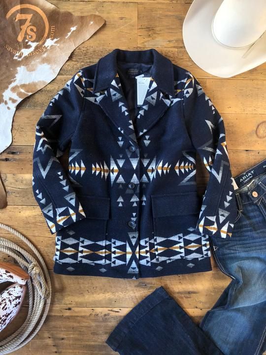 Navy Wool Coat, Southwest Pattern, Pendleton Jacket, Blanket Coat, Winter Attire, Trendy Sweaters, Slim Trousers, Native American Fashion, Cute Jackets