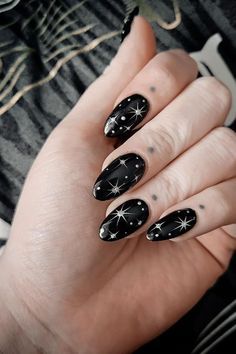 Simple Dark Nail Designs, Black Nails With Jewels, Dark Moody Nails, Goth Nails Short, Goth Short Nails, Black New Years Nails, Trendy Black Nails, Alt Nails, Alternative Nails