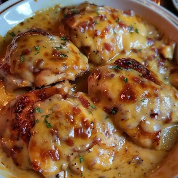 a white plate topped with chicken covered in gravy