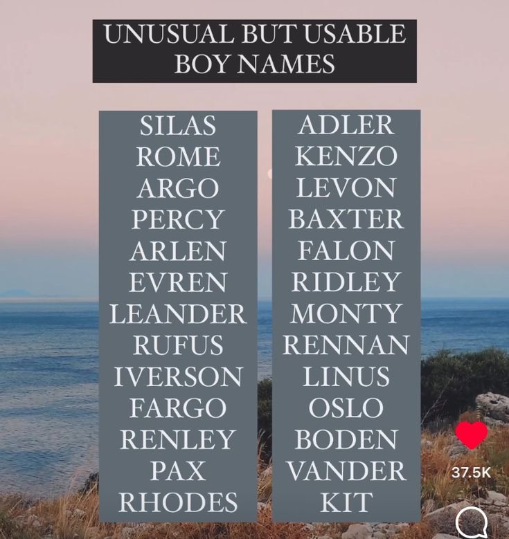 an image of the names of different people in front of water and rocks with text that reads unusual but unstable boy names