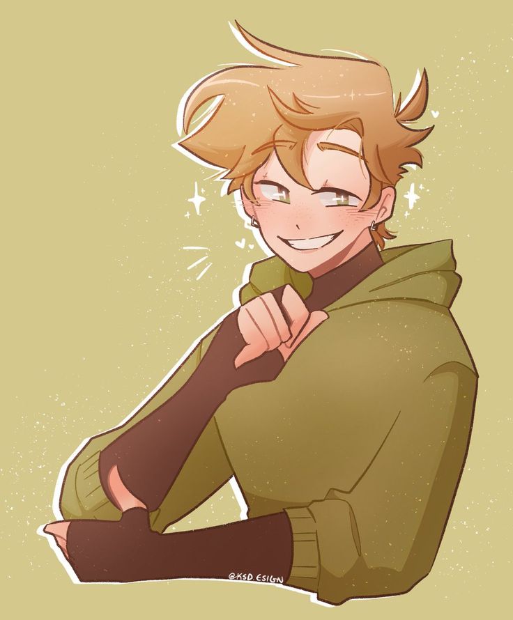 a drawing of a young man with blonde hair and brown eyes, wearing a green hoodie