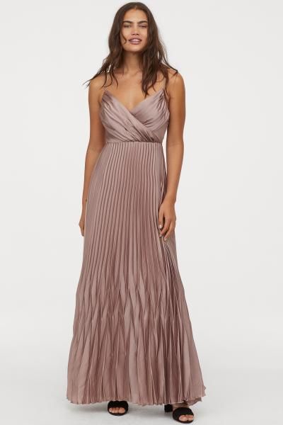 Pleated Long Dress - Dark taupe - Ladies | H&M US 1 H&m V-neck Formal Dress, H&m V-neck Dress For Formal Occasions, H&m Formal V-neck Dress, H&m Flowy V-neck Dress, Elegant H&m Maxi Dress For Date Night, H&m Flowy V-neck Maxi Dress, H&m V-neck Maxi Dress For Party, Elegant Flowy H&m Maxi Dress, Elegant H&m Wedding Dress