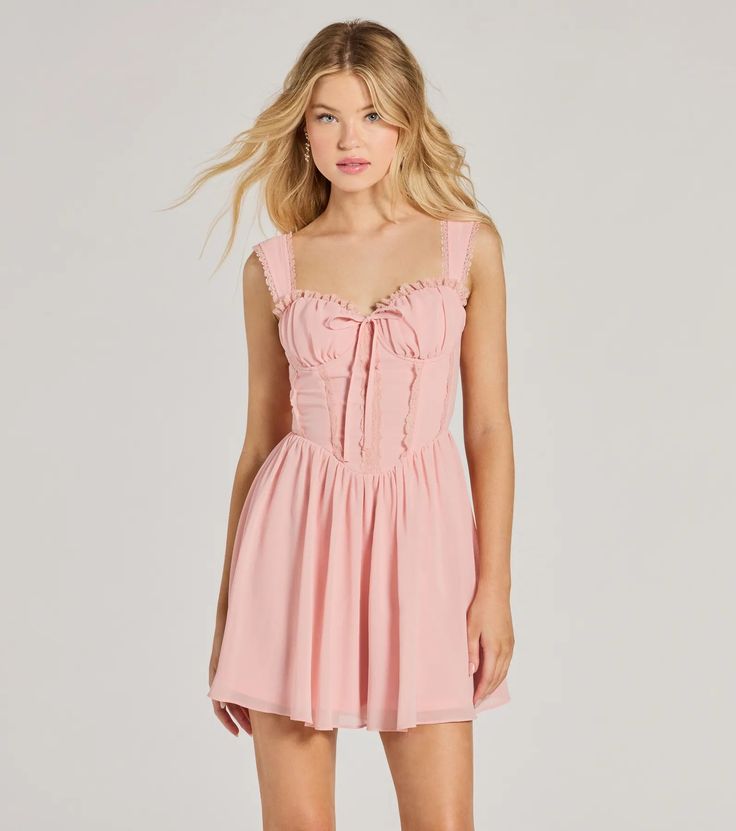 This sleeveless chiffon skater dress features a lace trim sweetheart neckline and bodice for flirty flair while the drop waist seam accentuates your curves along the mini-length skater silhouette. Perfect for a dressy brunch or party.Fit & FeaturesSheer chiffon woven fabric with stretchy knit liningLace trim sweetheart neckline with bow detail, bust underwireAdjustable lace trim shoulder strapsPartially smocked back with zipper and hook-eye closureLace trim bodice, drop waist seamMini-length Feminine Chiffon Mini Dress With Ruffled Straps, Feminine Chiffon Mini Dress With Sweetheart Neckline, Casual Fit And Flare Dress With Sweetheart Neckline, Flowy Mini Dress With Sweetheart Neckline, Feminine Flowy Mini Dress With Sweetheart Neckline, Casual Dress With Lace Trim And Sweetheart Neckline, Casual Dress With Sweetheart Neckline And Lace Trim, Casual Chiffon Dress With Ruffled Straps, Pink Flowy Mini Dress With Sweetheart Neckline